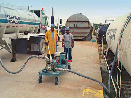 Operators transload hydrogen peroxide from a railcar to a transport