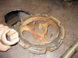 A broken spider bearing caused by high radial loads.