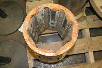 Close-up of failed rubber cutlass bearing.