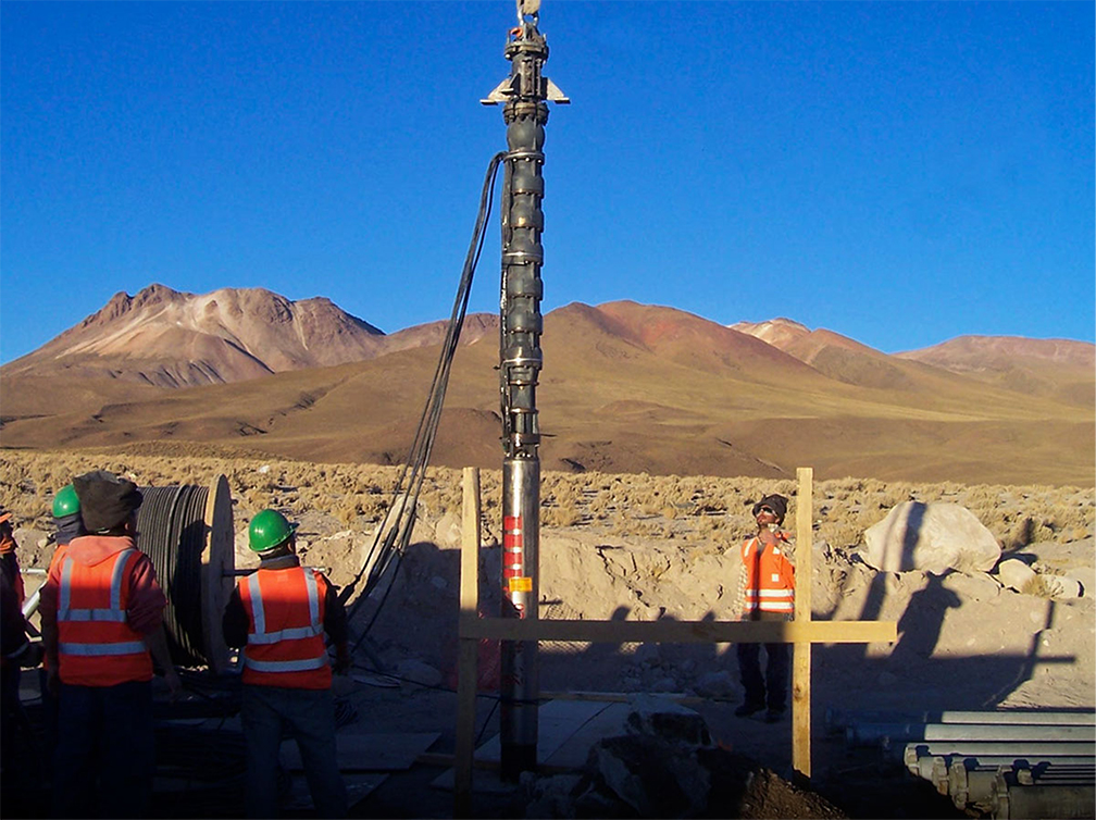 A deep-well pump installation of a multistage submersible pump in the Andes