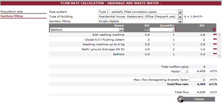 Calculation of flow rate for domestic drainage water according to DIN EN 12056