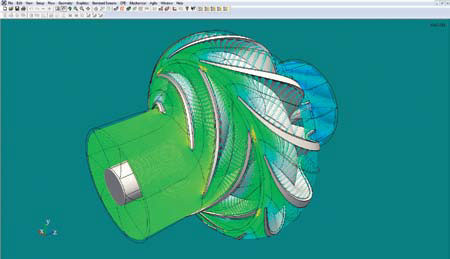 Relative velocity vector plot of a vertical turbine pump stage