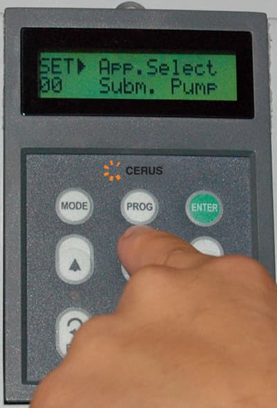 The keypad on this VFD is used to select setup options, including the units in which pressure will be displayed.