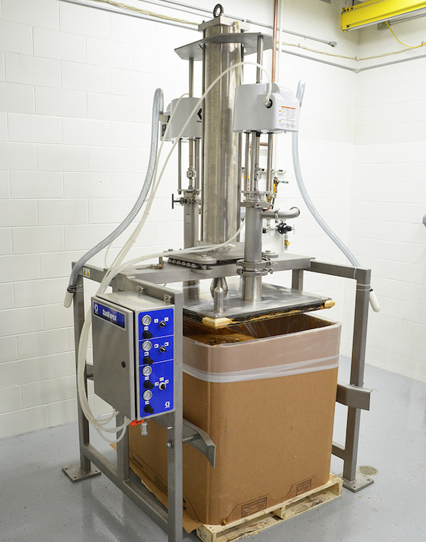 Peanut butter transfer via piston pump container unloading system technology