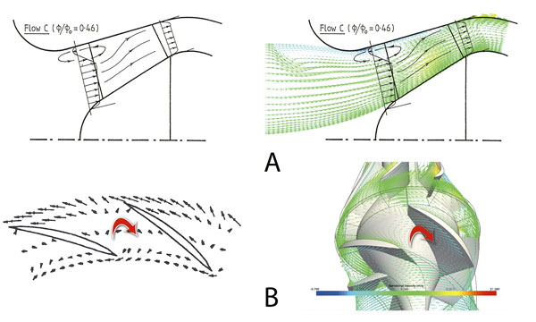 Figure 3. Case 1 pump's CFD solutions at the partial-load operation