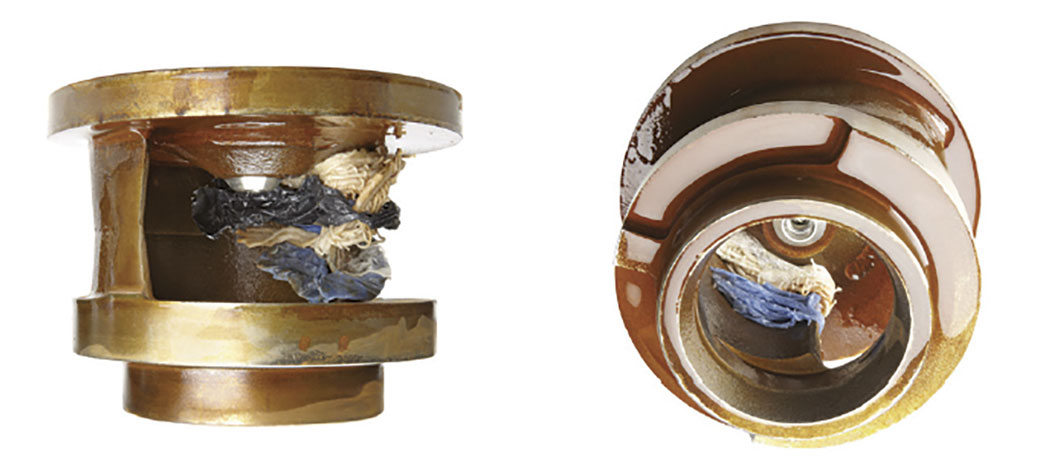 Image 1. Waste fibers have partially blocked this single vane impeller. (Images and graphics courtesy of Xylem Inc.)