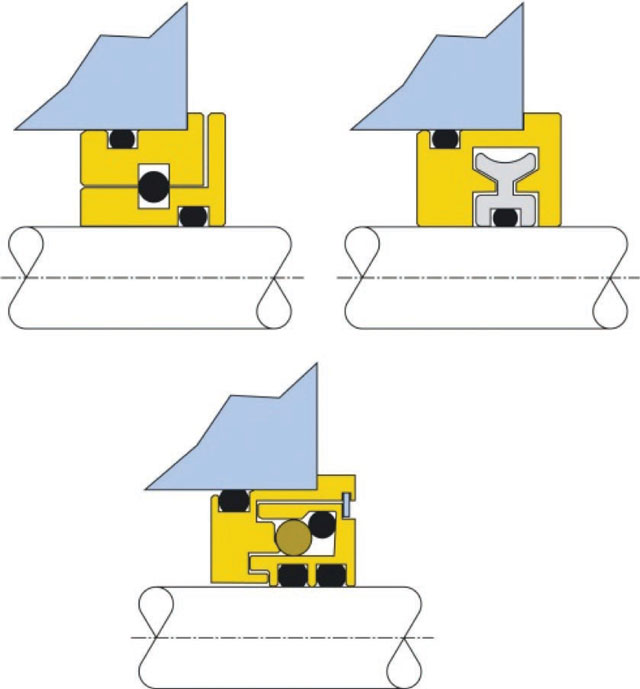 Figure 1. This graph depicts bearing protector seals, also called bearing isolators. The large O-ring in the top left model can be cut by sharp groove corners. The chevron-shaped rotor cross section of the model at top right is likely to create high frictional resistance. The large O-ring in the bottom model moves axially, and two smaller O-rings clamp the rotor to the shaft. This would be the preferred model. (Courtesy of the author)