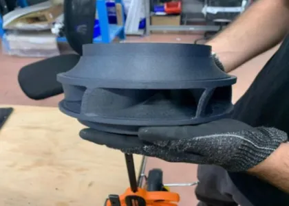 Example 9-inch carbon fiber PEEK impeller printed with industrial 3D printer – corrosion resistance was the driver for metal replacement. 