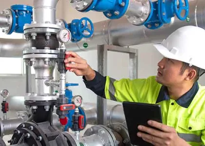Worker using AI in predictive maintenance in water facility 