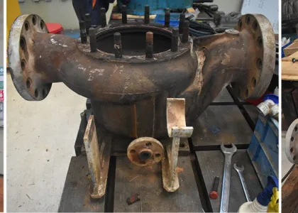 Upgraded OH3 pump preparing for shipment, original casing prior to refurbishment and original OH4 design prior to upgrade