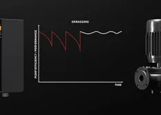 This graph of a pump deragging cycle shows the drive oscillating speed to break the items free (red line) and then the pump returning to normal operation (white line).