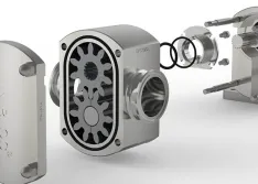 An exploded view of a gear pump showing its external gear design.