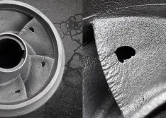 IMAGES 1&2: Pitting that results from the shockwaves generated by the vapor bubbles imploding can even put holes in the pump blades. (Images courtesy of ABB)