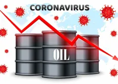 Arrow pointing down in front of oil barrels and the word coronavirus