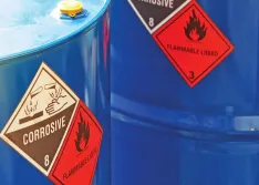 Drums containing corrosive, flammable liquid (Images courtesy of Finish Thompson)